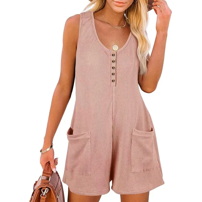Mono informal con botones de gofre y bolsillos, ropa de verano de moda para mujer