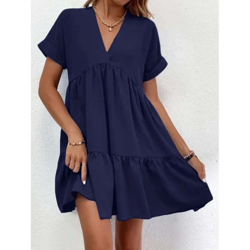 Nuevo vestido informal de verano con cuello en V y manga corta para mujer