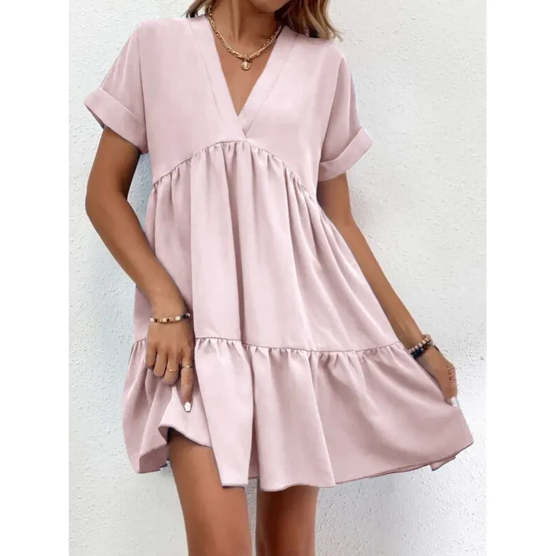 Nuevo vestido informal de verano con cuello en V y manga corta para mujer