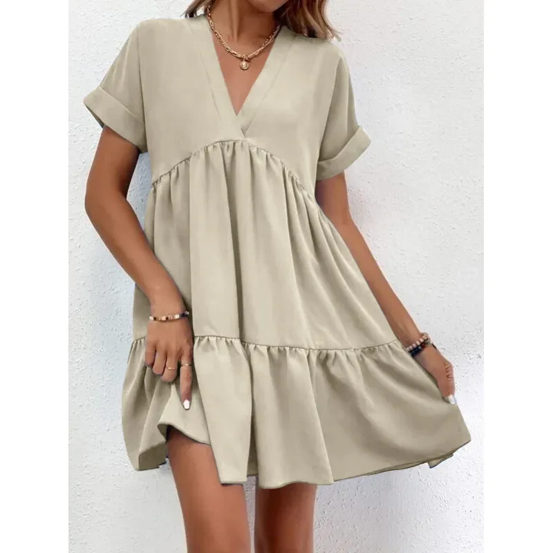 Nuevo vestido informal de verano con cuello en V y manga corta para mujer