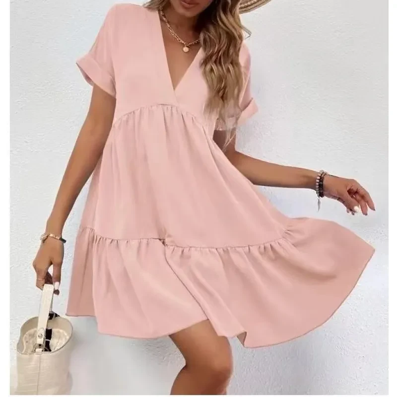 Nuevo vestido informal de verano con cuello en V y manga corta para mujer