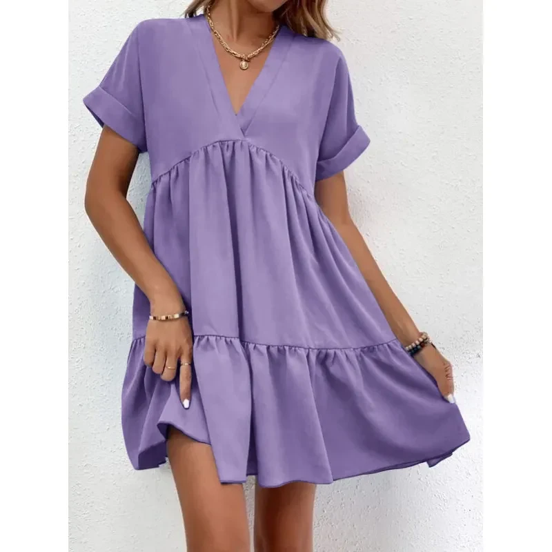 Nuevo vestido informal de verano con cuello en V y manga corta para mujer
