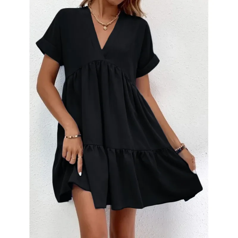 Nuevo vestido informal de verano con cuello en V y manga corta para mujer