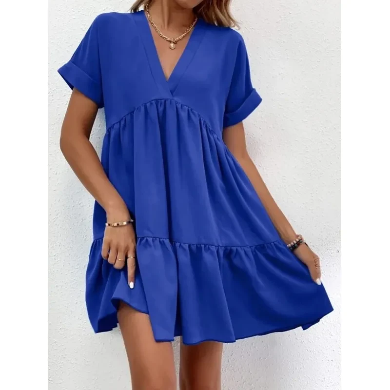 Nuevo vestido informal de verano con cuello en V y manga corta para mujer
