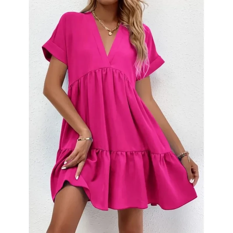 Nuevo vestido informal de verano con cuello en V y manga corta para mujer