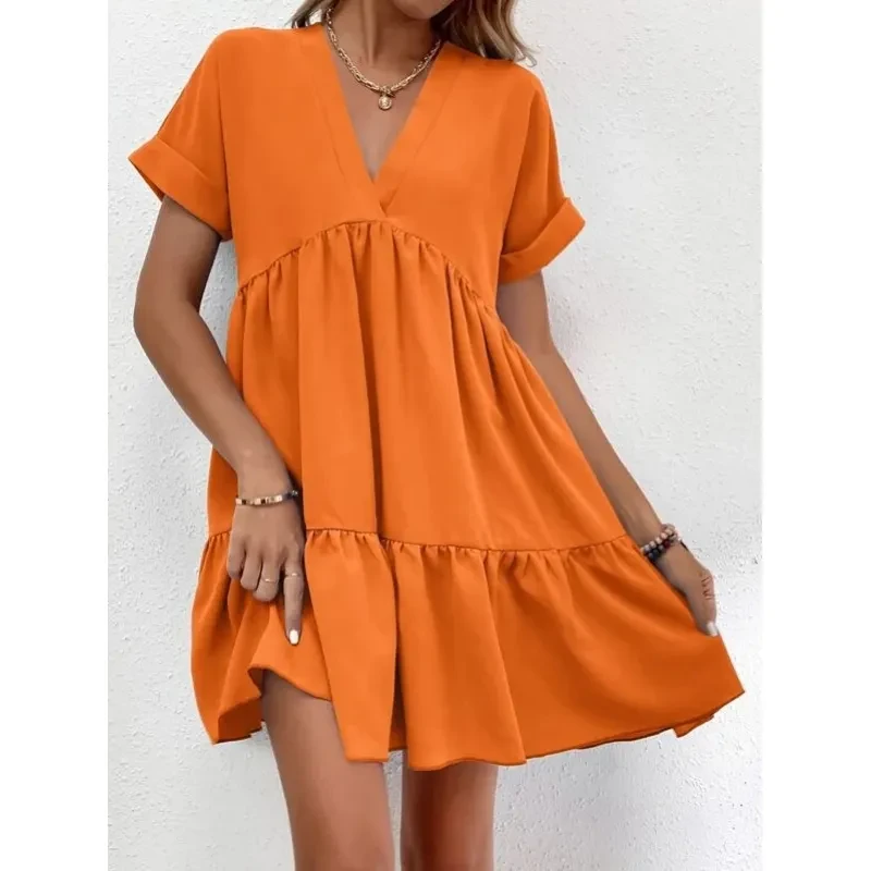 Nuevo vestido informal de verano con cuello en V y manga corta para mujer