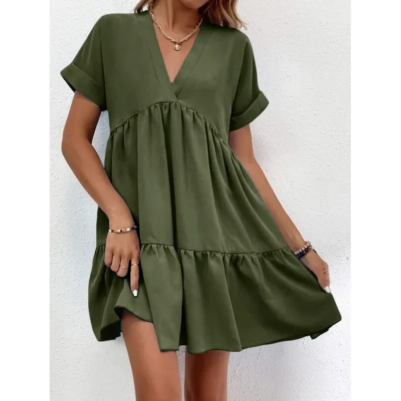 Nuevo vestido informal de verano con cuello en V y manga corta para mujer