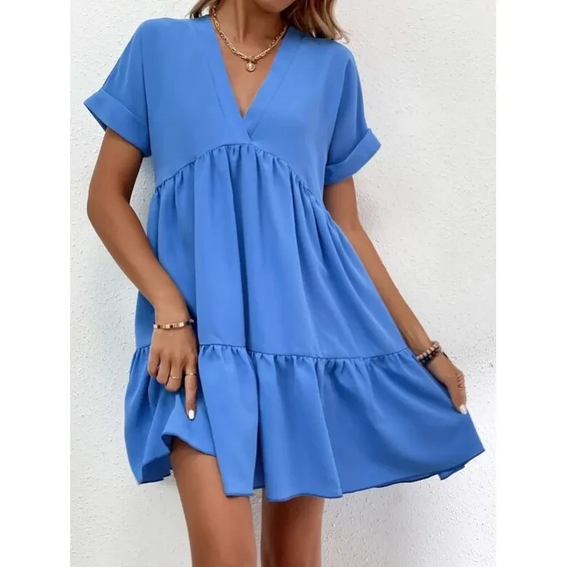 Nuevo vestido informal de verano con cuello en V y manga corta para mujer