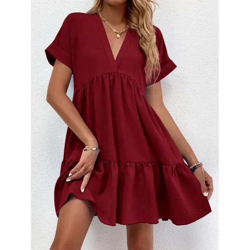 Nuevo vestido informal de verano con cuello en V y manga corta para mujer