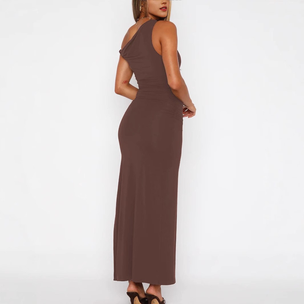 New One-shoulder Diagonal Collar Dress Sleeveless Lace-up