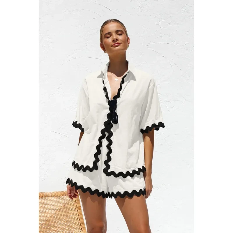 Conjunto de 2 piezas de camisa de verano con cuello en V y manga corta para mujer