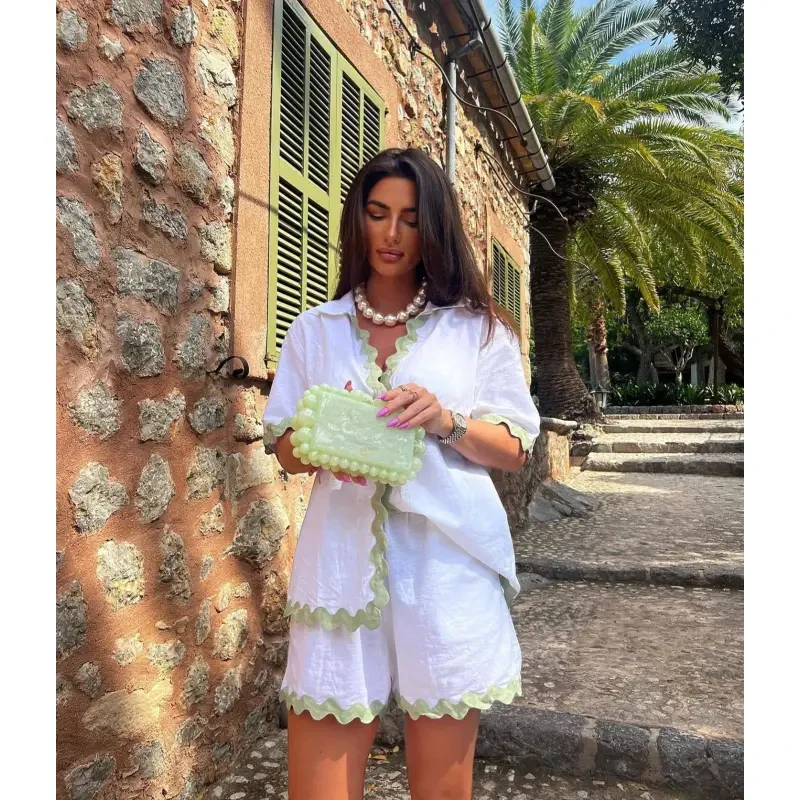 Conjunto de 2 piezas de camisa de verano con cuello en V y manga corta para mujer
