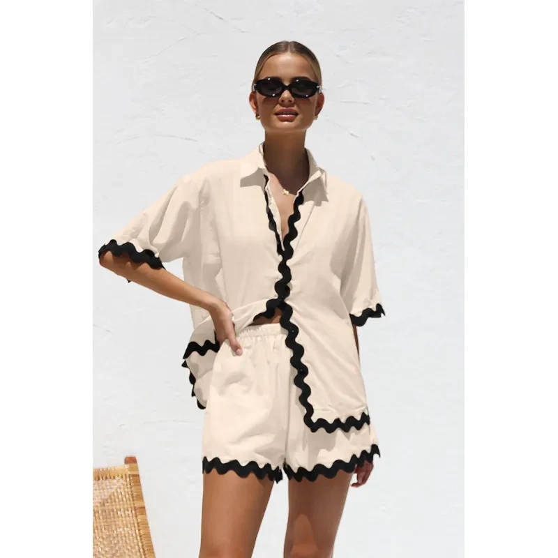 Conjunto de 2 piezas de camisa de verano con cuello en V y manga corta para mujer