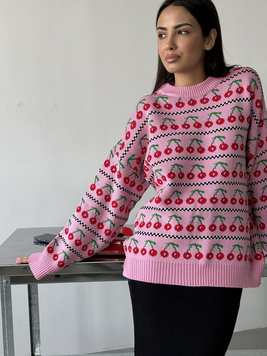 Suéter de cereza de cuello redondo y largo medio estilo retro