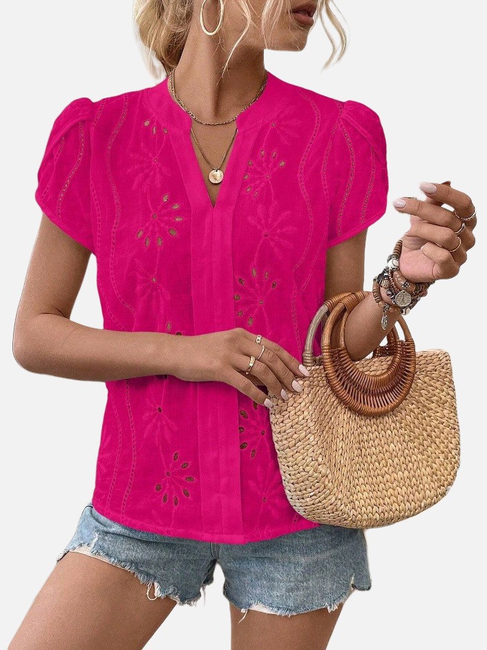 Top bordado hueco de color liso para mujer