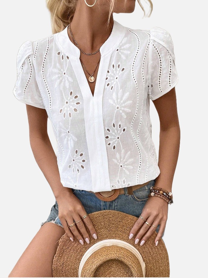 Top bordado hueco de color liso para mujer