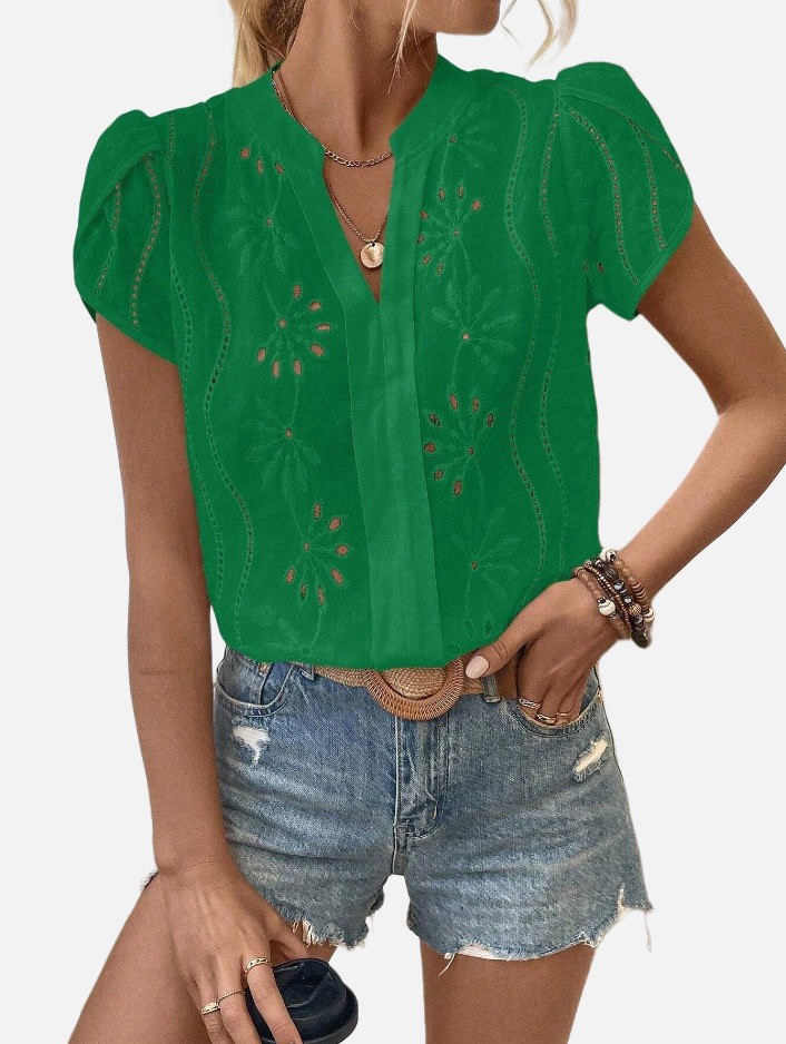 Top bordado hueco de color liso para mujer