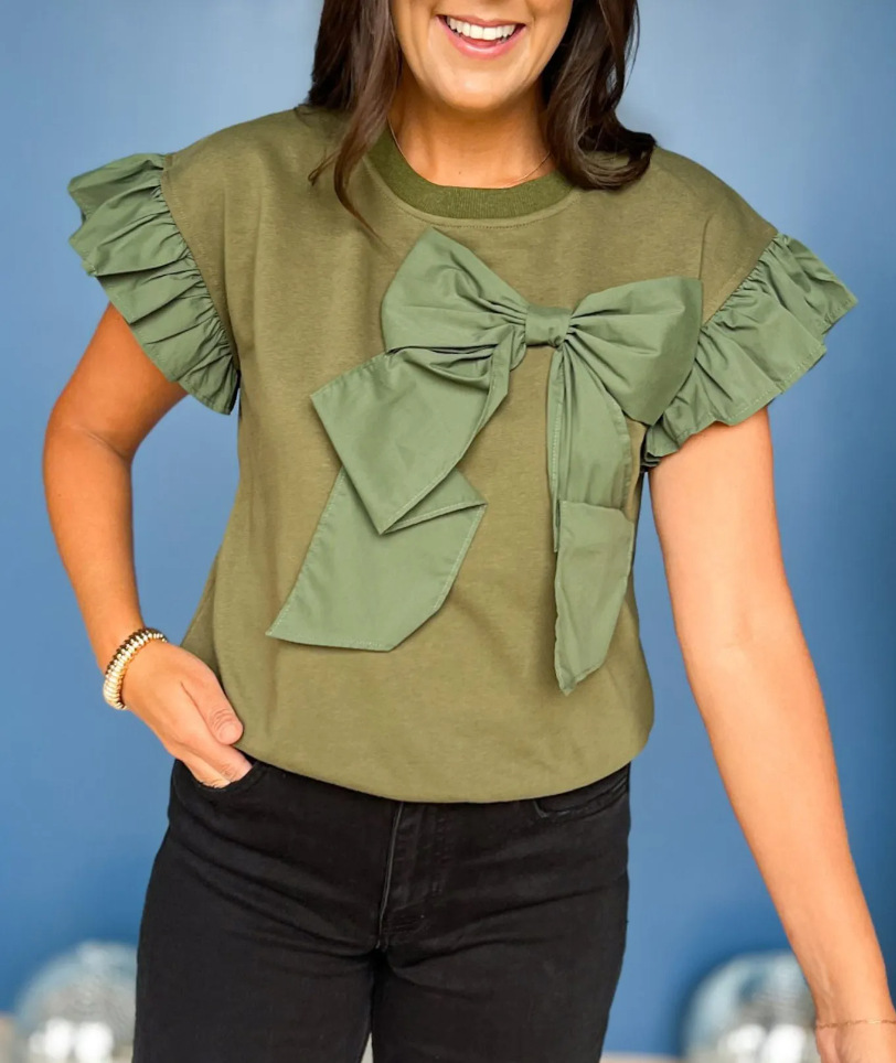 Top con volantes y lazo de color en contraste para mujer