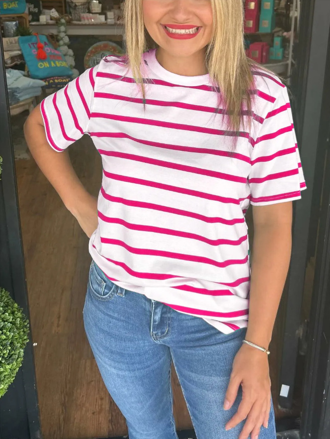 Camiseta de manga corta con cuello redondo y rayas de moda para mujer