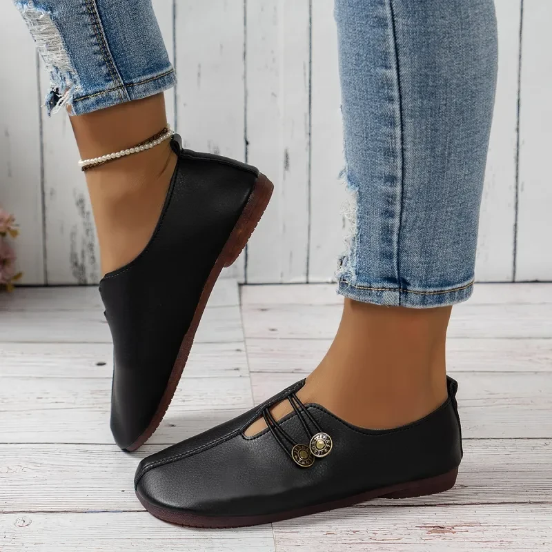 Zapatos planos casuales sin cordones con punta cuadrada para mujer