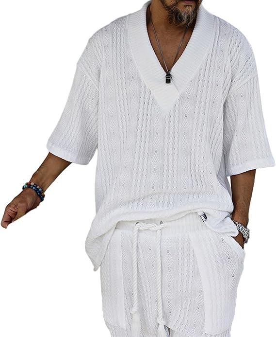 Conjunto deportivo de 2 piezas para hombre, chándal informal, cuello en V, camiseta de punto y pantalones cortos con cordón.