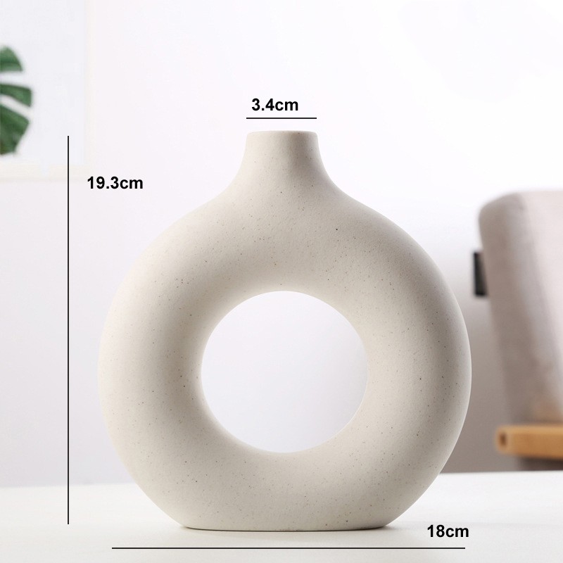 Jarrón nórdico circular hueco de cerámica en forma de donut: elegante maceta para decoración del hogar, sala de estar, oficina y escritorio.