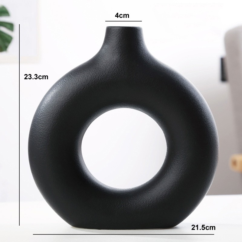 Jarrón nórdico circular hueco de cerámica en forma de donut: elegante maceta para decoración del hogar, sala de estar, oficina y escritorio.