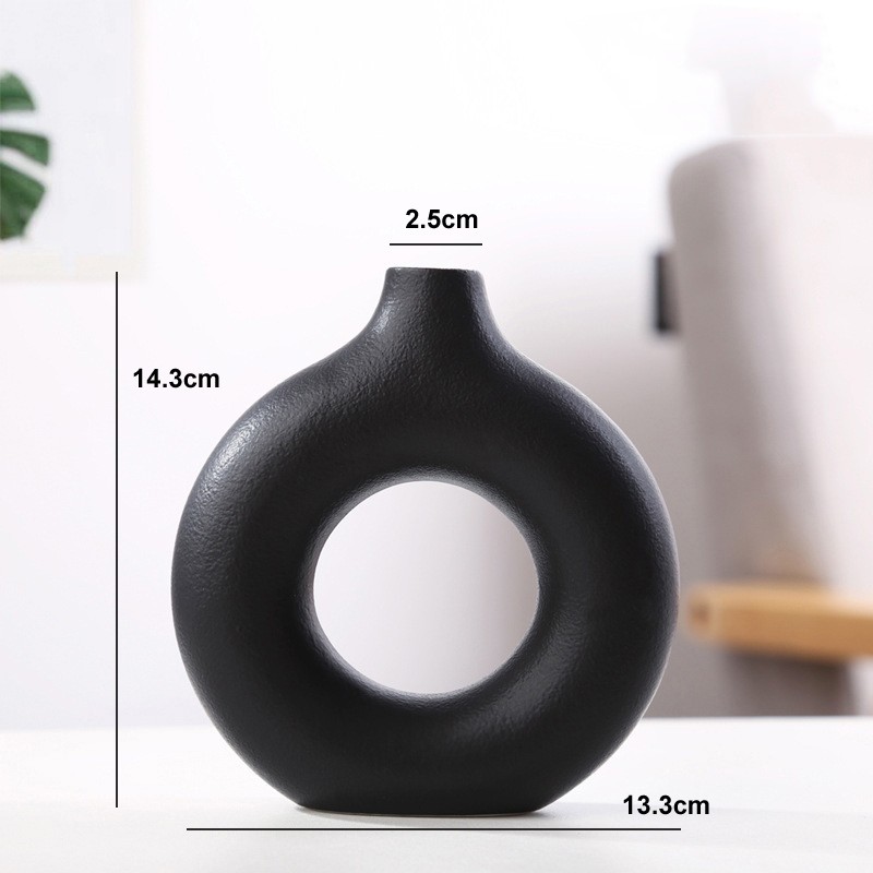 Jarrón nórdico circular hueco de cerámica en forma de donut: elegante maceta para decoración del hogar, sala de estar, oficina y escritorio.