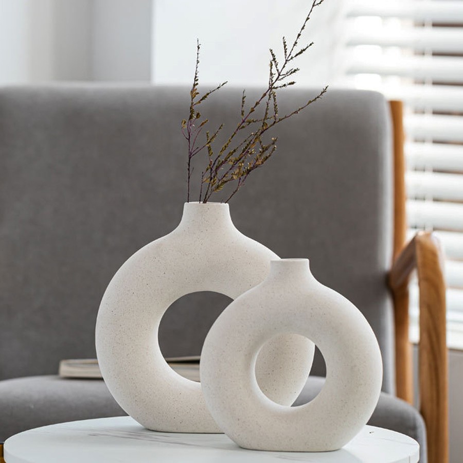 Jarrón nórdico circular hueco de cerámica en forma de donut: elegante maceta para decoración del hogar, sala de estar, oficina y escritorio.