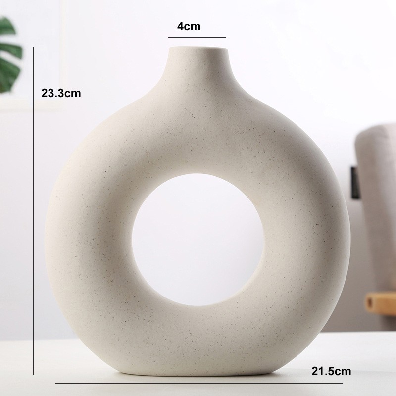 Jarrón nórdico circular hueco de cerámica en forma de donut: elegante maceta para decoración del hogar, sala de estar, oficina y escritorio.