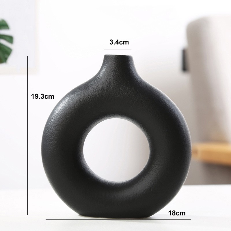 Jarrón nórdico circular hueco de cerámica en forma de donut: elegante maceta para decoración del hogar, sala de estar, oficina y escritorio.