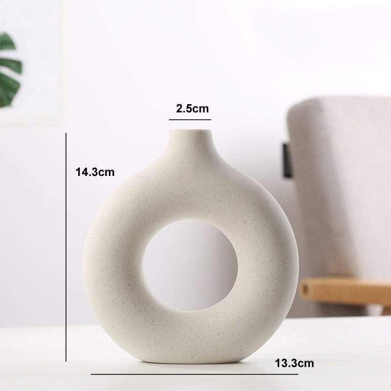 Jarrón nórdico circular hueco de cerámica en forma de donut: elegante maceta para decoración del hogar, sala de estar, oficina y escritorio.