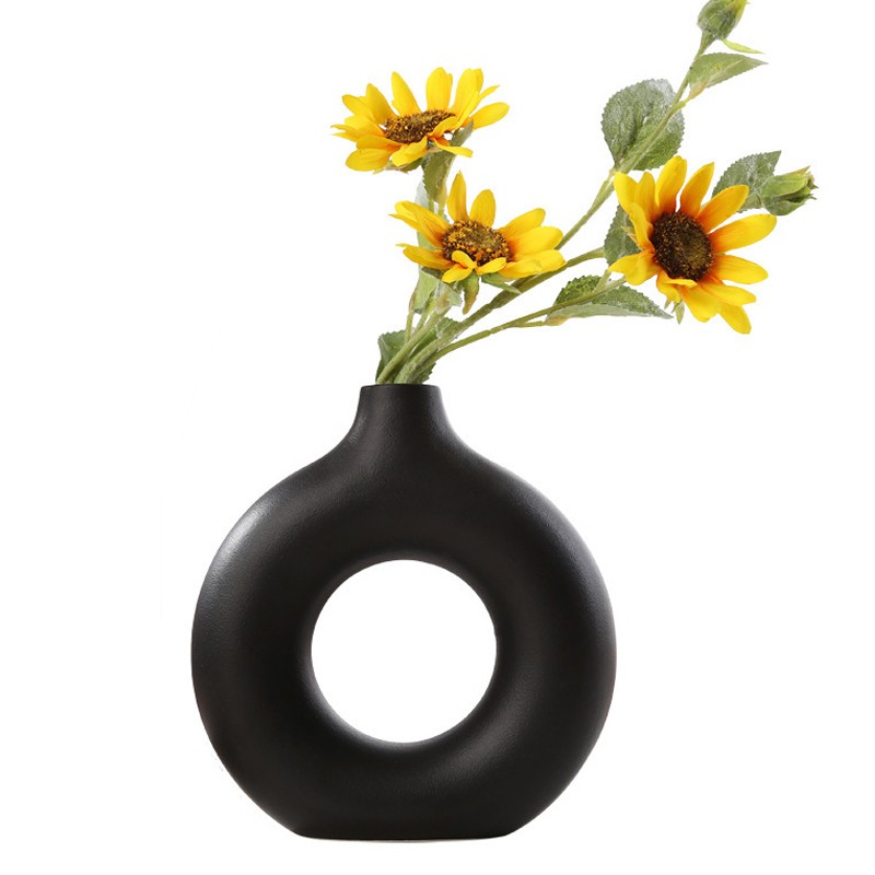 Jarrón nórdico circular hueco de cerámica en forma de donut: elegante maceta para decoración del hogar, sala de estar, oficina y escritorio.