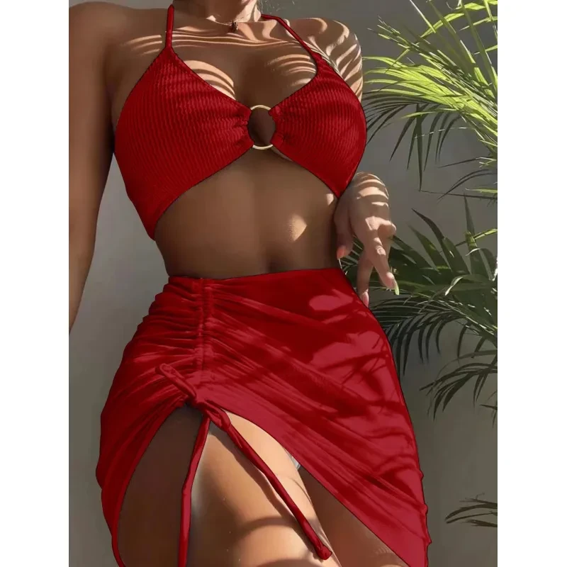 Traje de baño de playa de moda de verano con bikini halter de 3 piezas para mujer