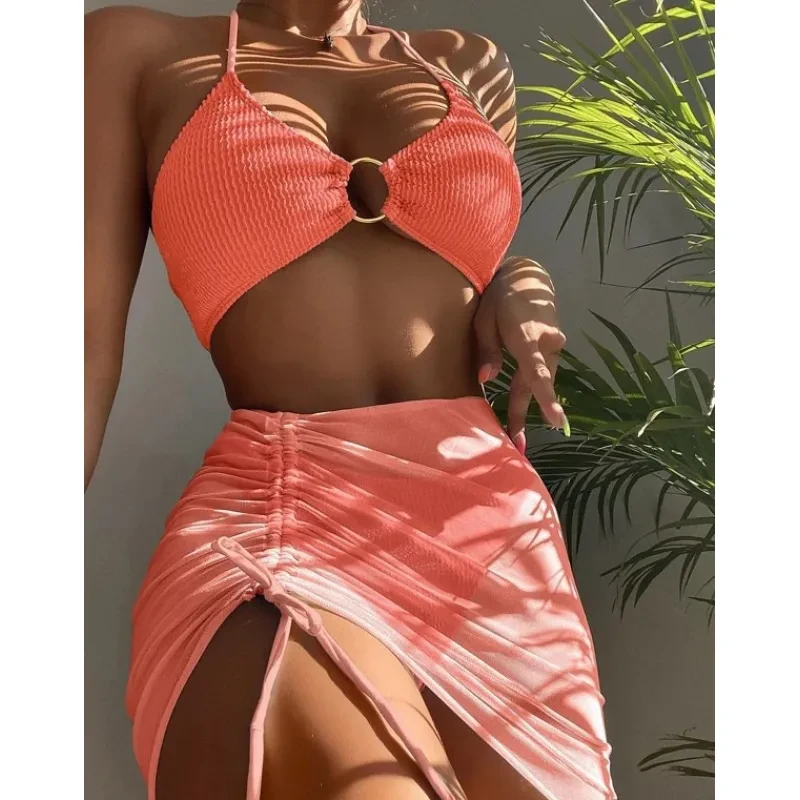 Traje de baño de playa de moda de verano con bikini halter de 3 piezas para mujer