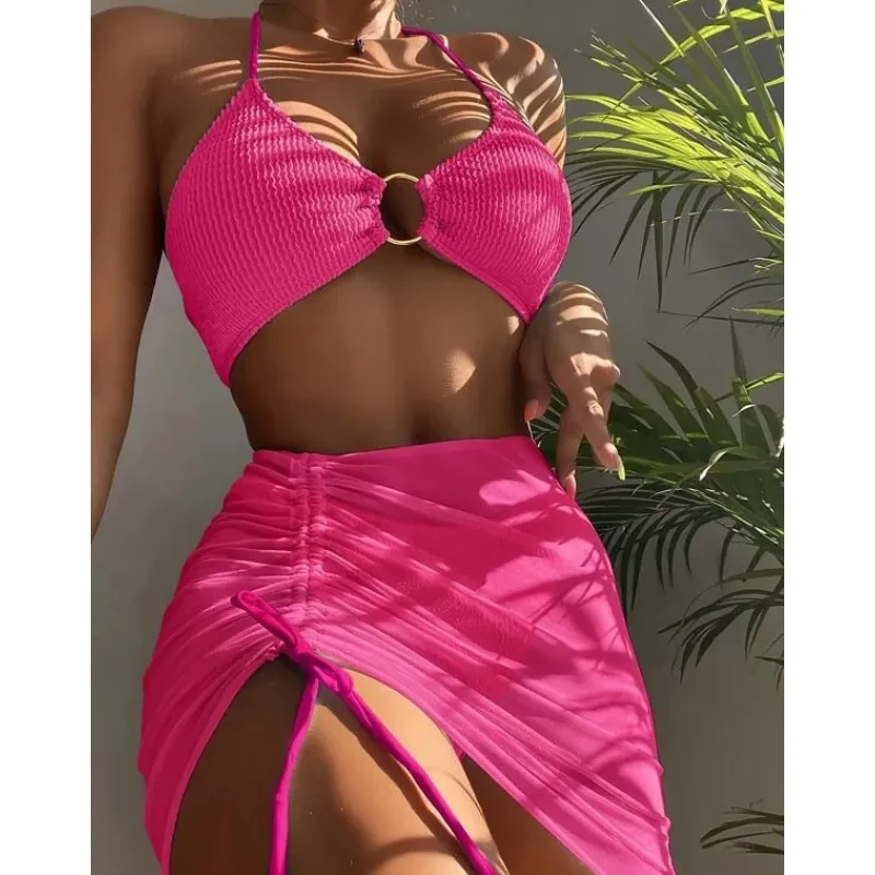 Traje de baño de playa de moda de verano con bikini halter de 3 piezas para mujer