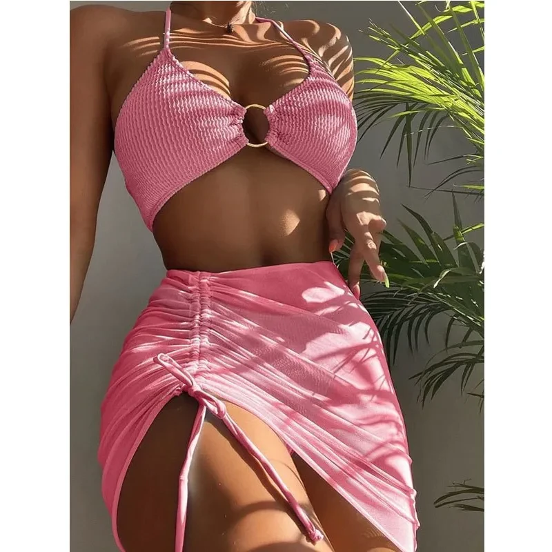 Traje de baño de playa de moda de verano con bikini halter de 3 piezas para mujer