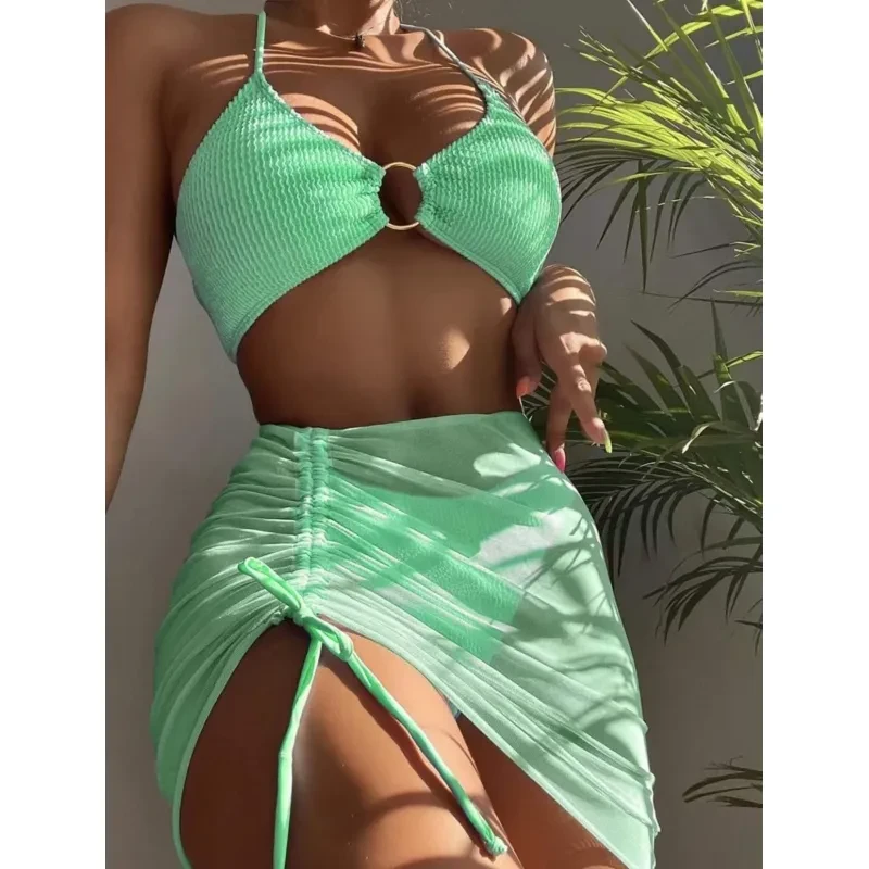 Traje de baño de playa de moda de verano con bikini halter de 3 piezas para mujer