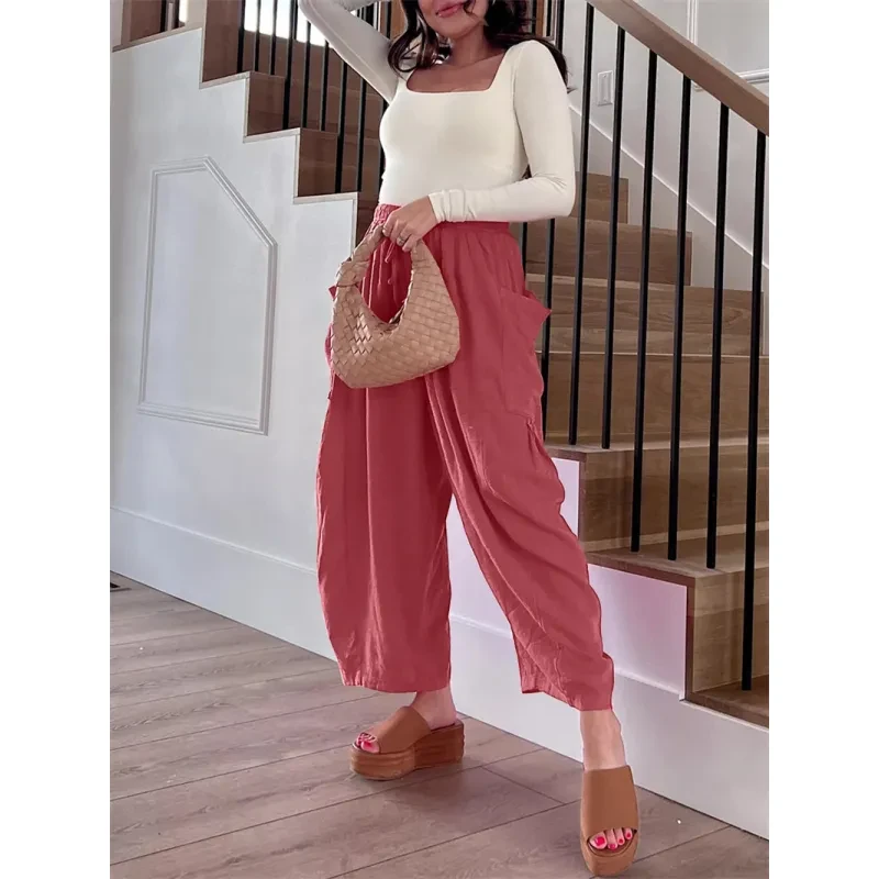 Pantalones plisados de pierna ancha de verano para mujer
