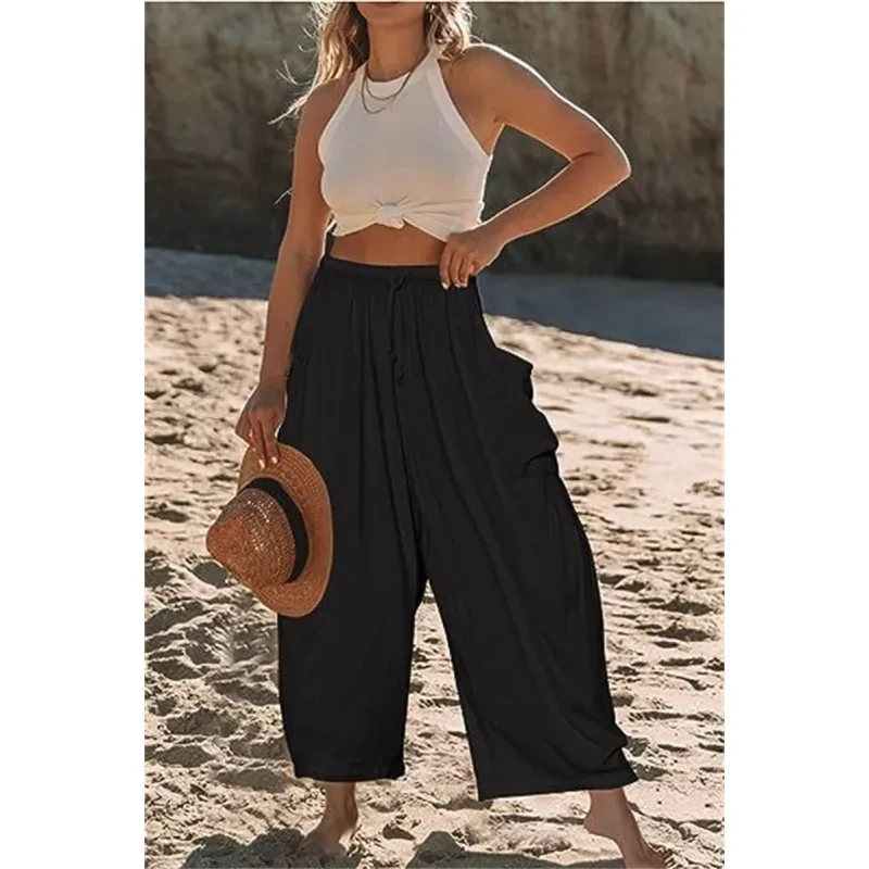 Pantalones plisados de pierna ancha de verano para mujer