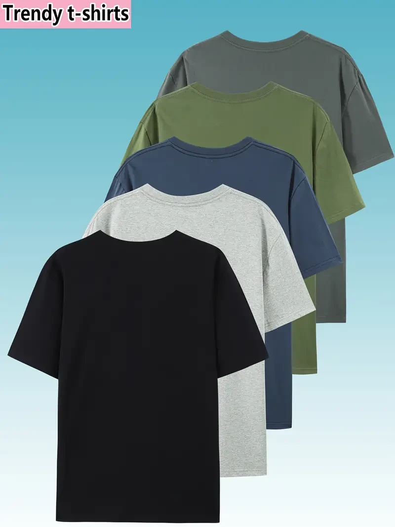 Conjunto de cinco camisetas de manga corta con cuello redondo, corte entallado y liso. Suaves, transpirables y cómodas para usar en el exterior los fines de semana. Tejido de punto de algodón ligeramente elástico para una comodidad máxima.