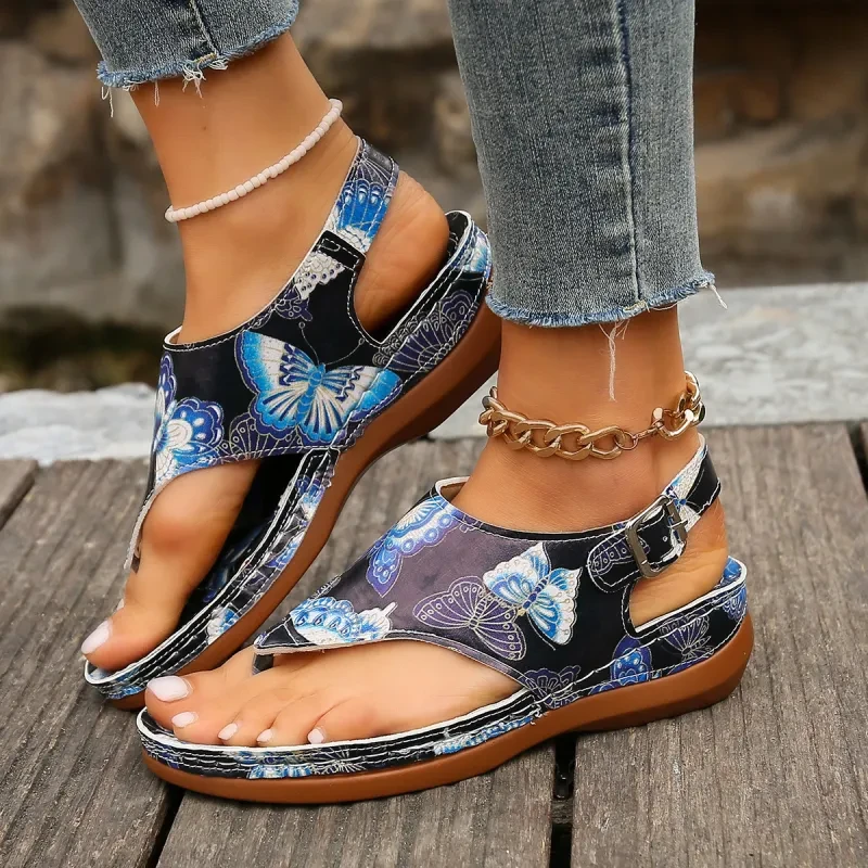 Sandalias de cuña con hebilla trasera y diseño de flores para mujer