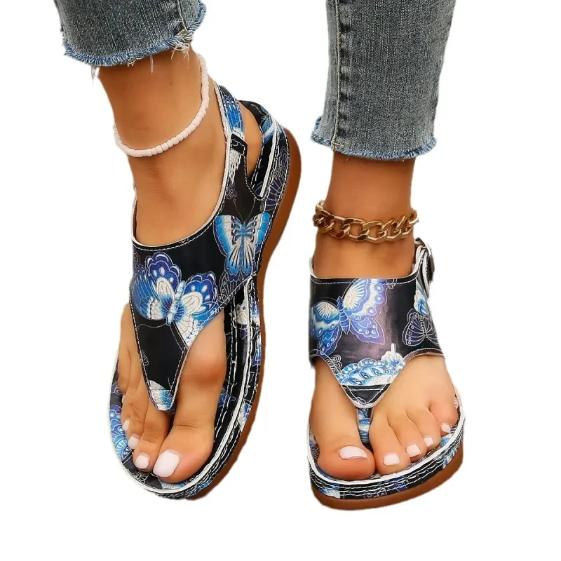 Sandalias de cuña con hebilla trasera y diseño de flores para mujer