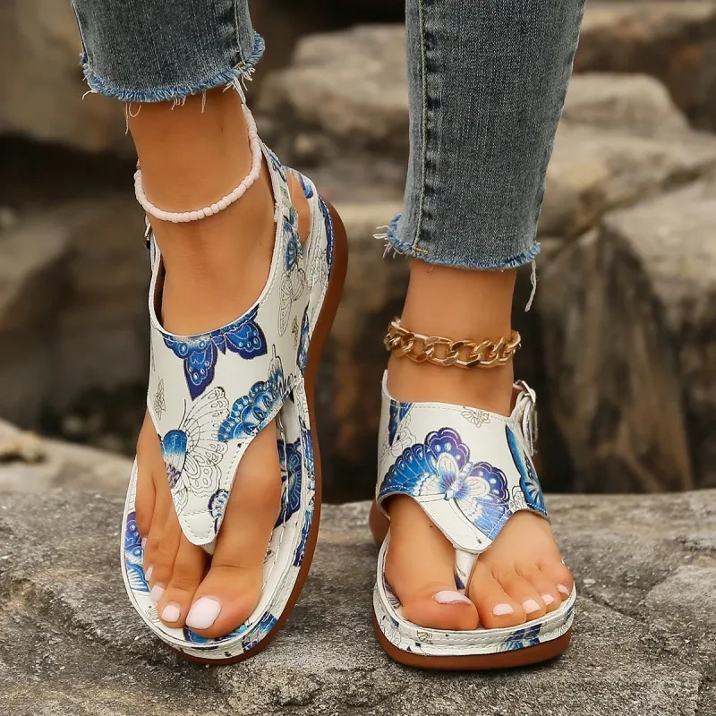 Sandalias de cuña con hebilla trasera y diseño de flores para mujer