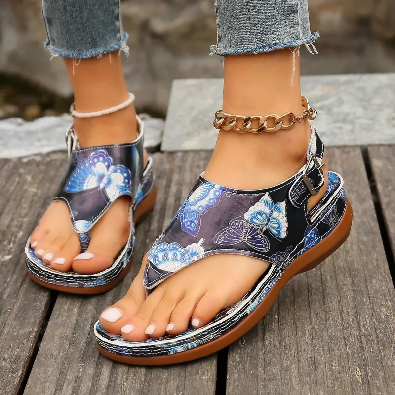 Sandalias de cuña con hebilla trasera y diseño de flores para mujer