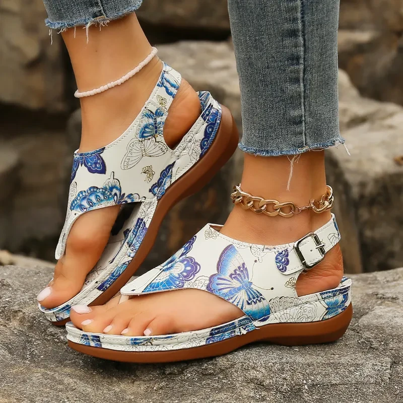 Sandalias de cuña con hebilla trasera y diseño de flores para mujer