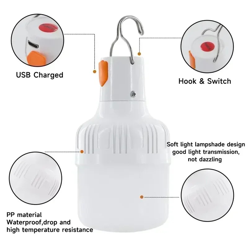 Luz de emergencia de 60 W - Suministros para acampar al aire libre EDC Linterna LED recargable por USB para senderismo, deportes y entretenimiento