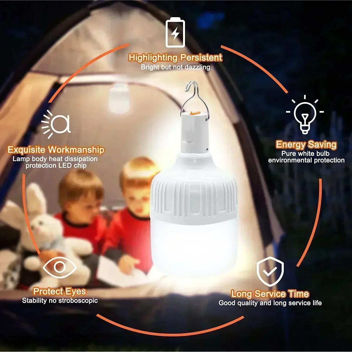 Luz de emergencia de 60 W - Suministros para acampar al aire libre EDC Linterna LED recargable por USB para senderismo, deportes y entretenimiento