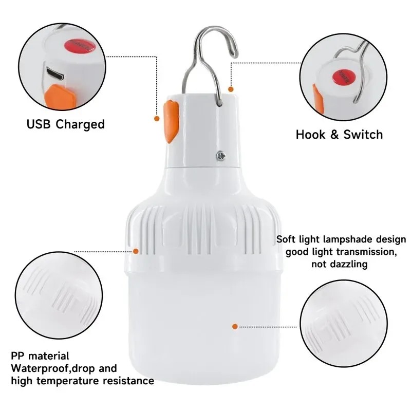Luz de emergencia LED recargable por USB - 60 W. Equipo de camping al aire libre para barbacoas, senderismo, deportes y entretenimiento.