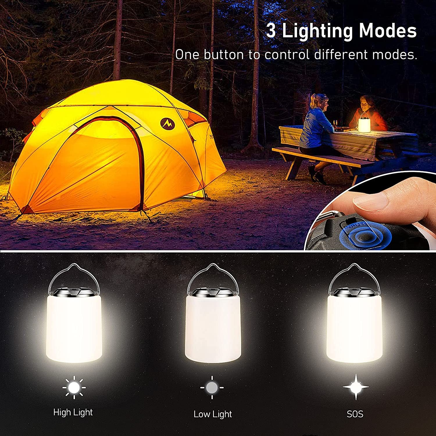 Linterna de camping recargable, luz blanca cálida de 3000 K, resistente al agua, LED, ideal para camping y senderismo.